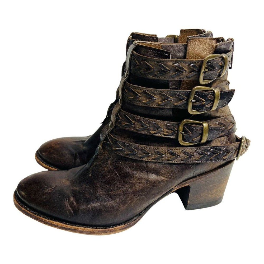 Old Gringo Brown Distressed Leather Ankle Boots with Buckle Straps